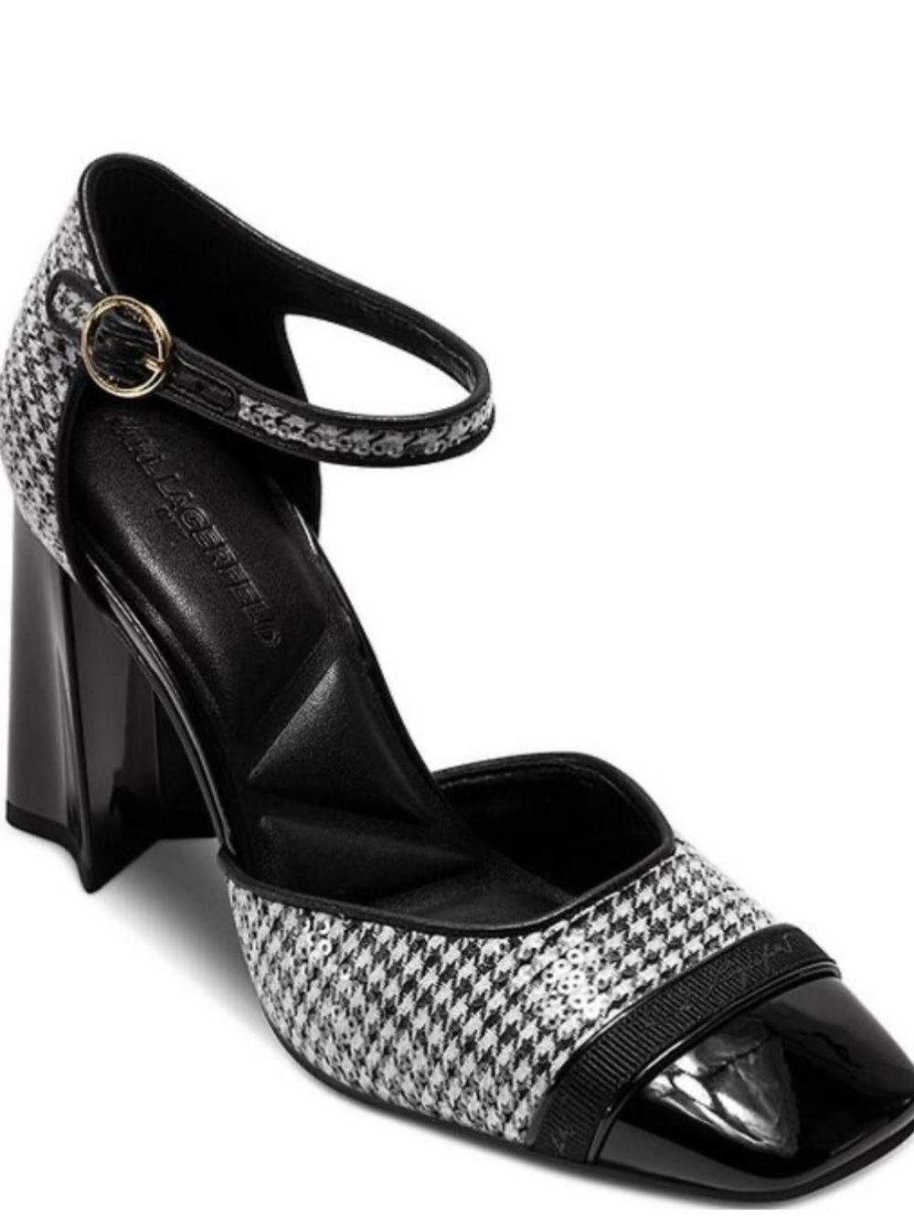 KARL LAGERFELD PARIS Sapphira Sequin Houndstooth Block Heel Ankle Wrap Pumps 9.5